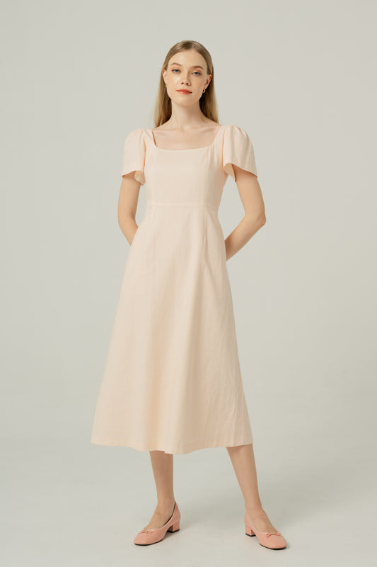 Scoop Neck A-line Tea Dress - Cream