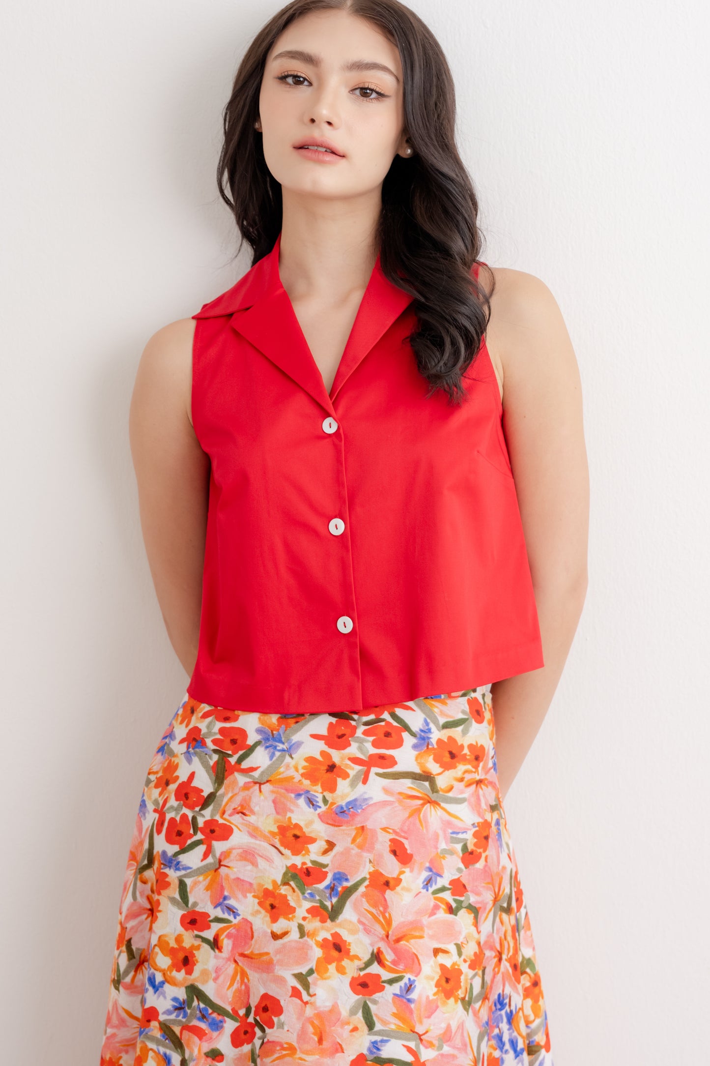Camp Collar Button Down Blouse - Crimson