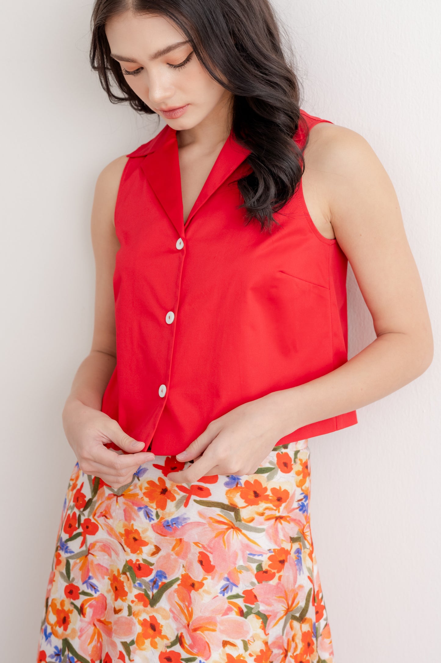 Camp Collar Button Down Blouse - Crimson