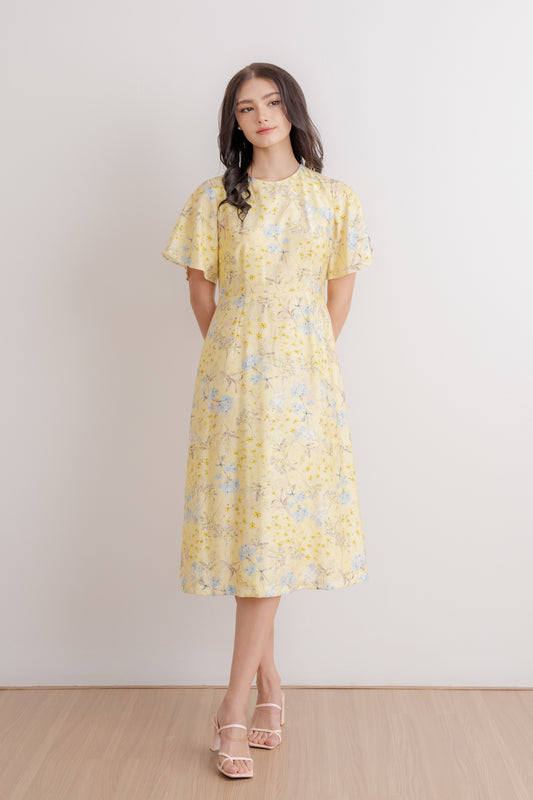 Flutter Sleeve Midi Flare Dress - Yellow Blossom