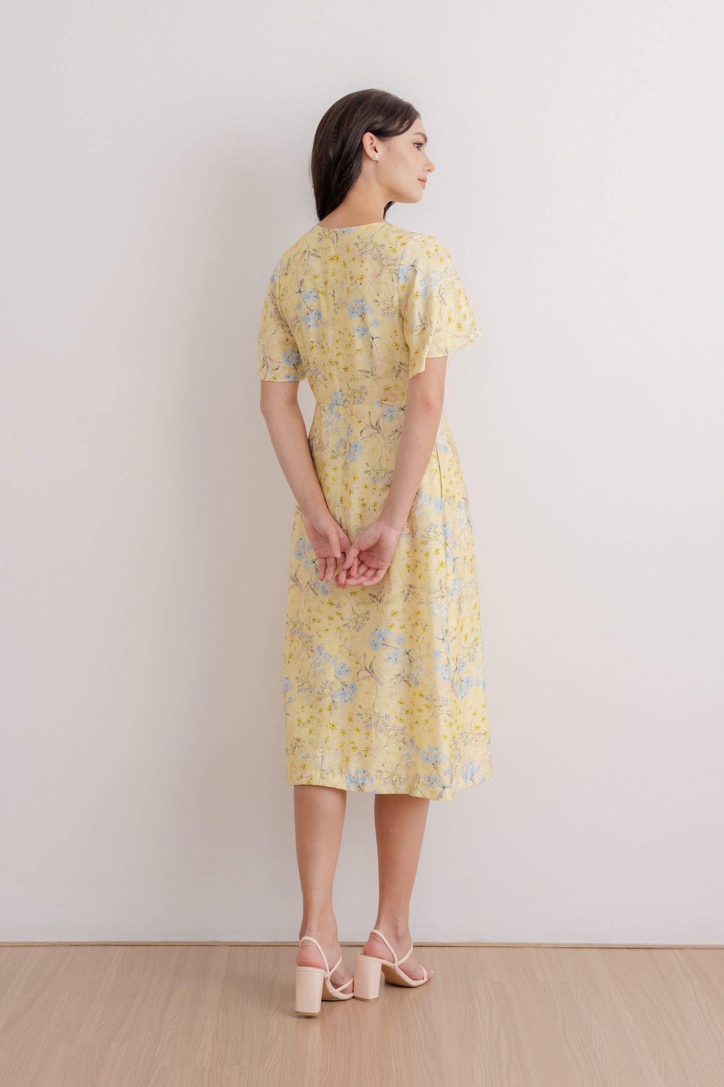 Flutter Sleeve Midi Flare Dress - Yellow Blossom