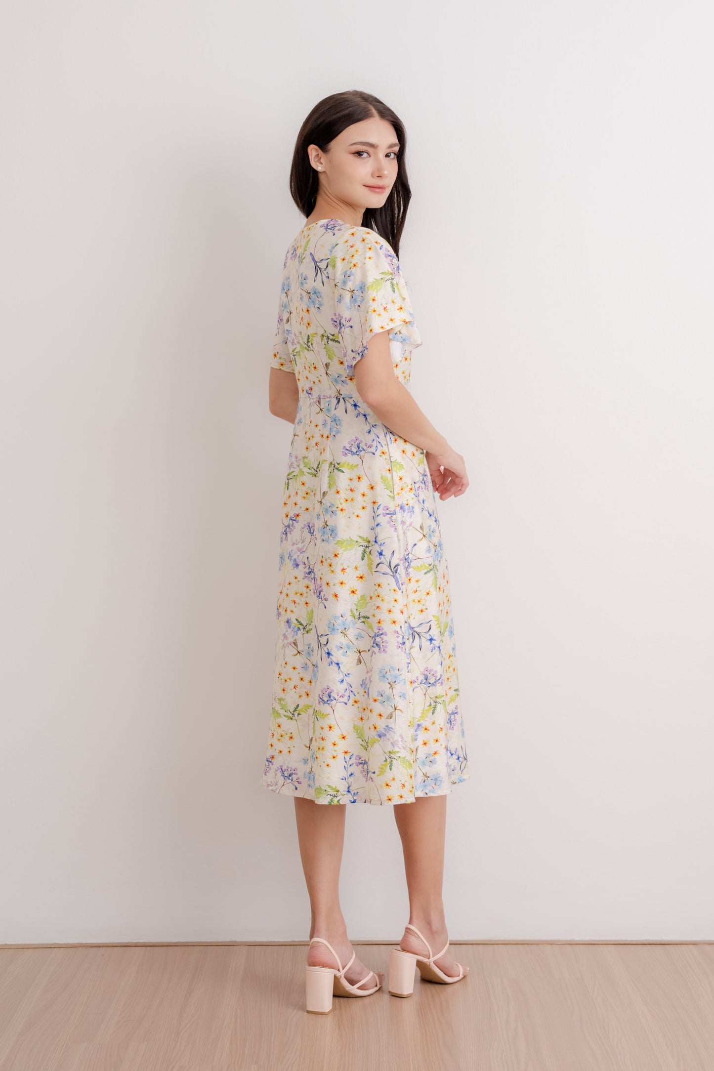 Flutter Sleeve Midi Flare Dress - Ivory Blossom