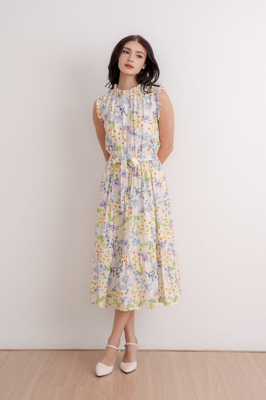Midi Dress with Frill Details - Ivory Blossom