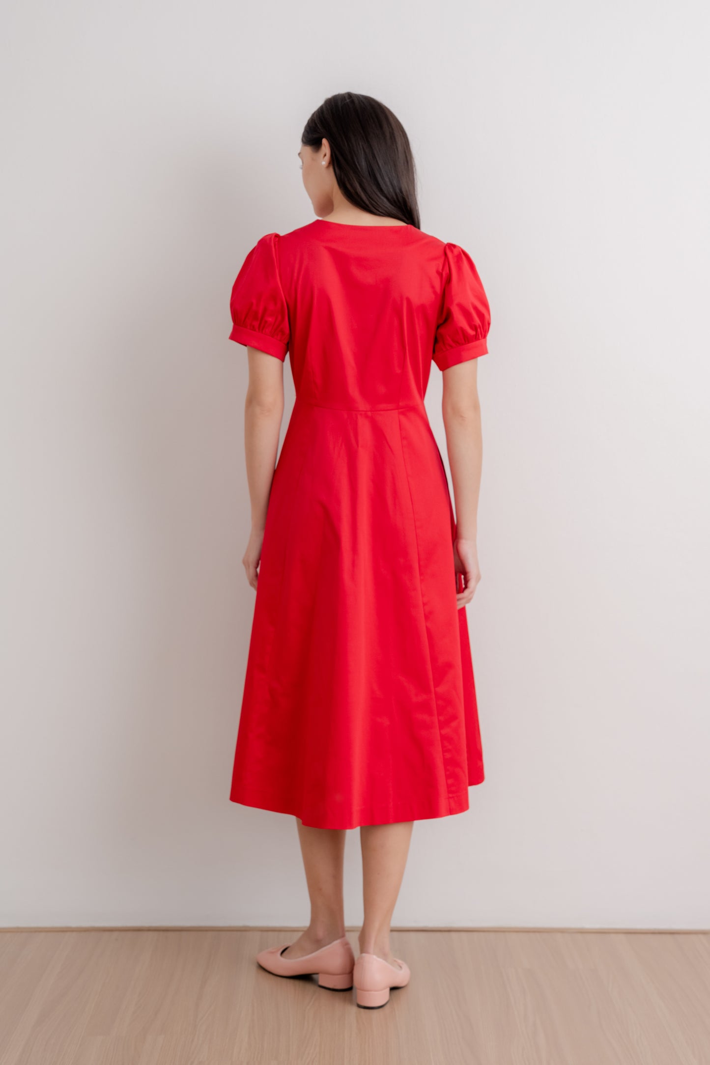 Puff Sleeved Button Down Dress - Crimson