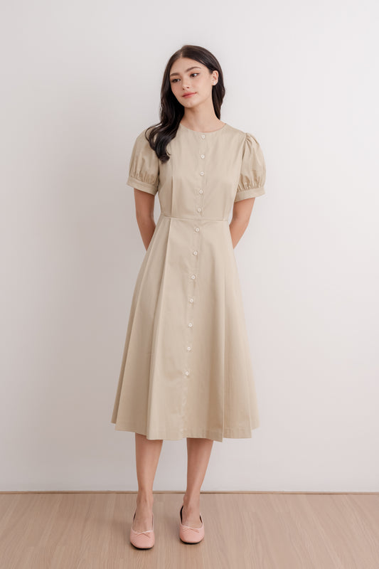 Puff Sleeved Button Down Dress - Khaki