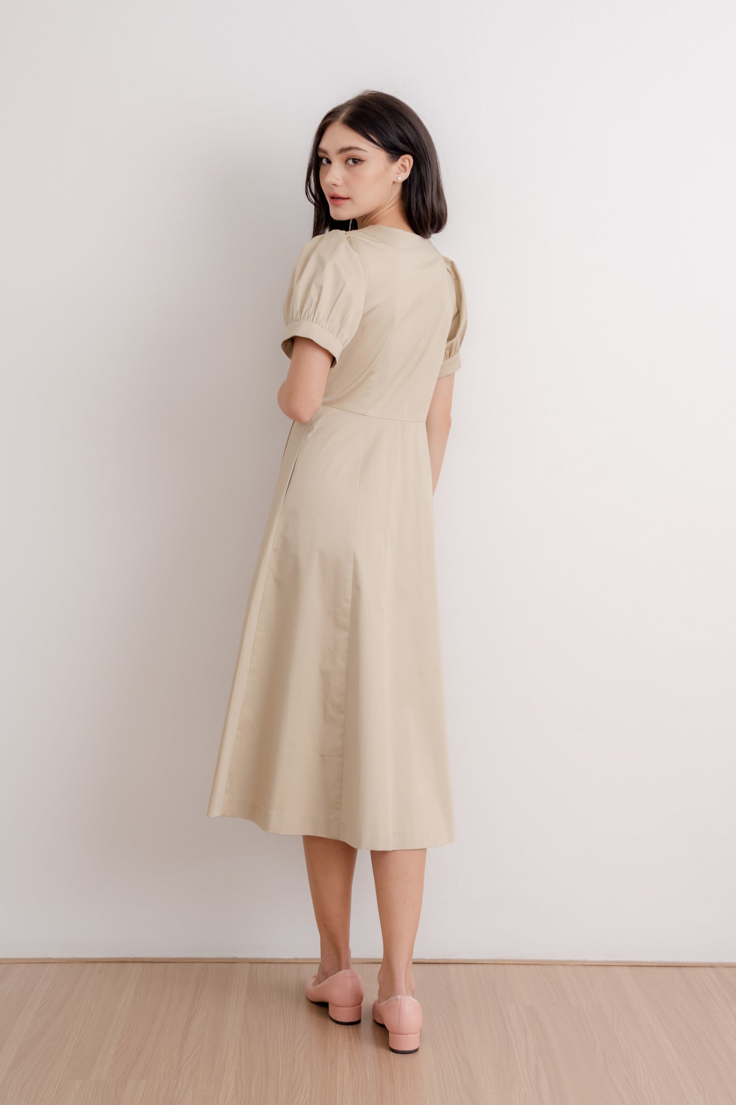 Puff Sleeved Button Down Dress - Khaki