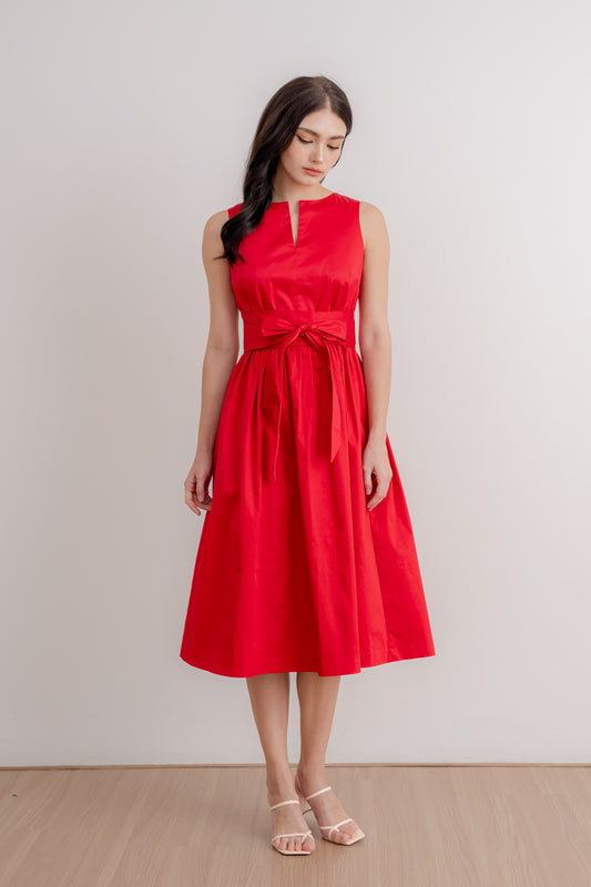 Bow Sash Midi Dress - Crimson