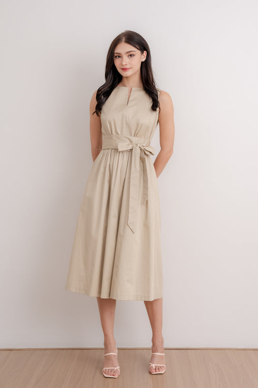 Bow Sash Midi Dress - Khaki