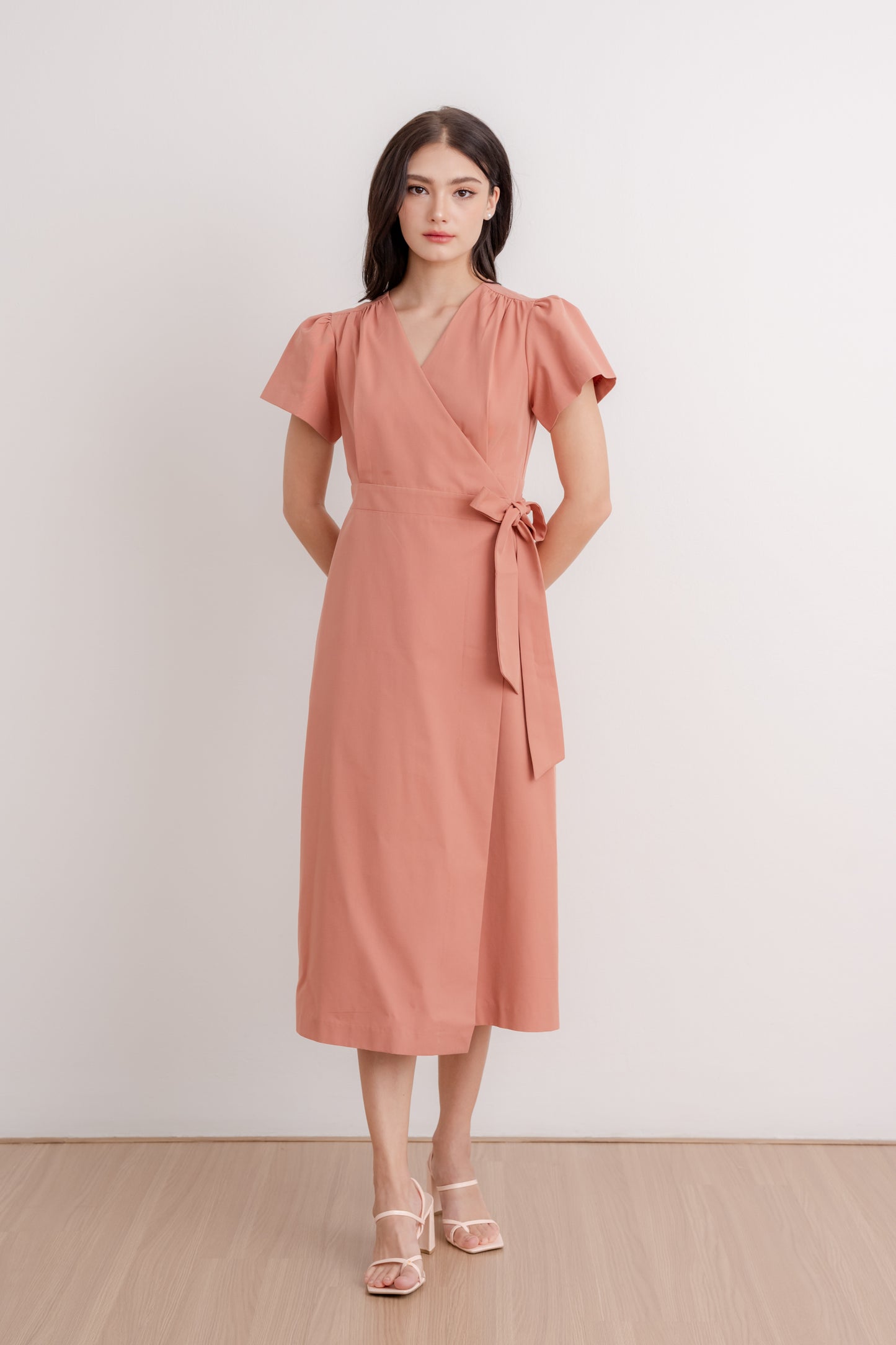 Flutter Sleeve Wrap Dress - Powder Orange