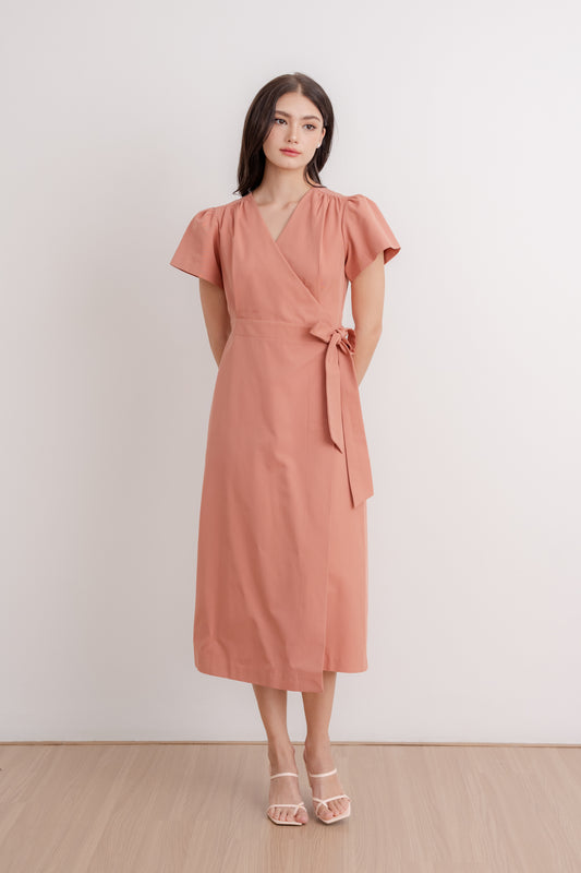 Flutter Sleeve Wrap Dress - Powder Orange