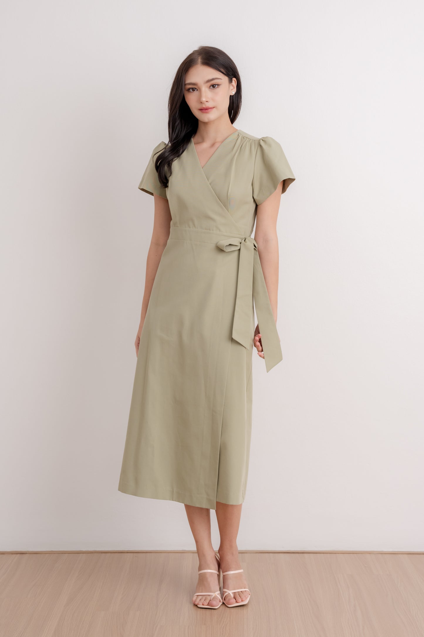 Flutter Sleeve Wrap Dress - Sage