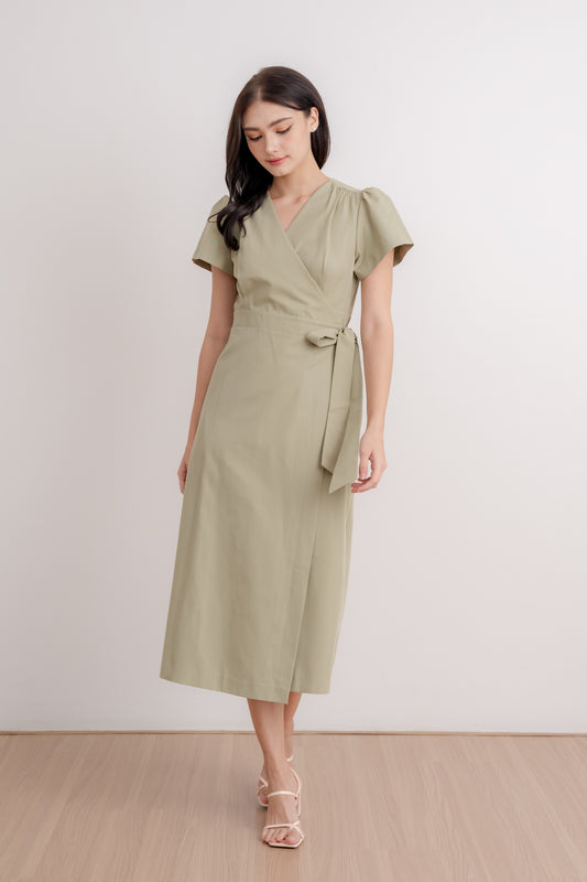 Flutter Sleeve Wrap Dress - Sage