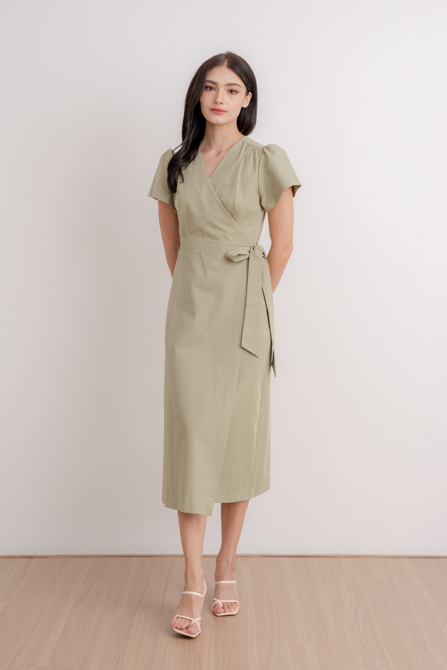 Flutter Sleeve Wrap Dress - Sage