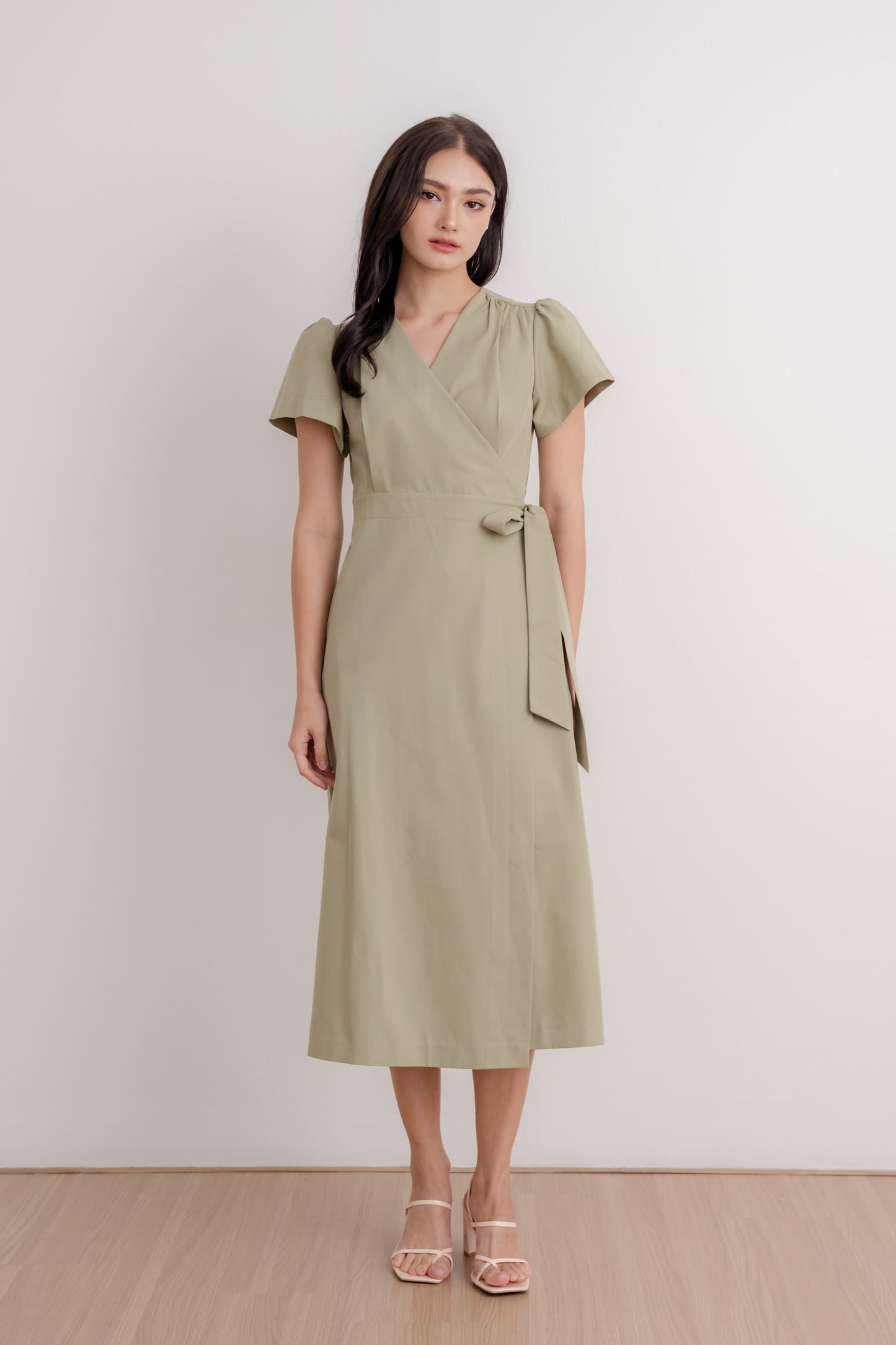 Flutter Sleeve Wrap Dress - Sage