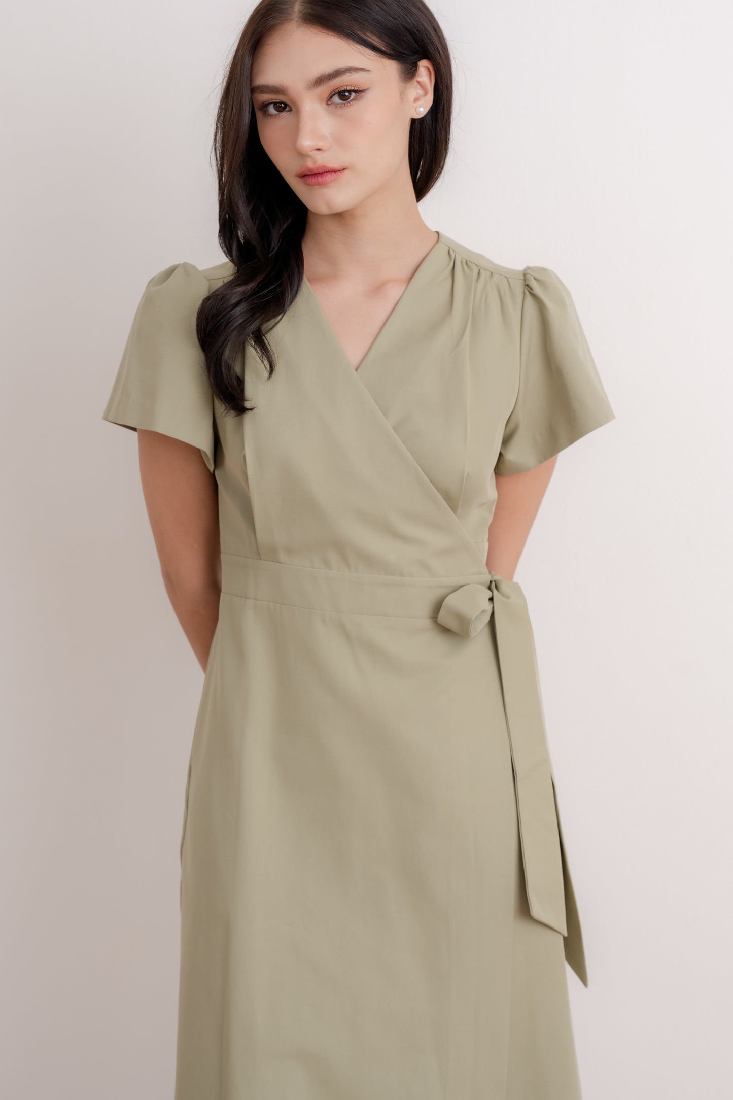 Flutter Sleeve Wrap Dress - Sage