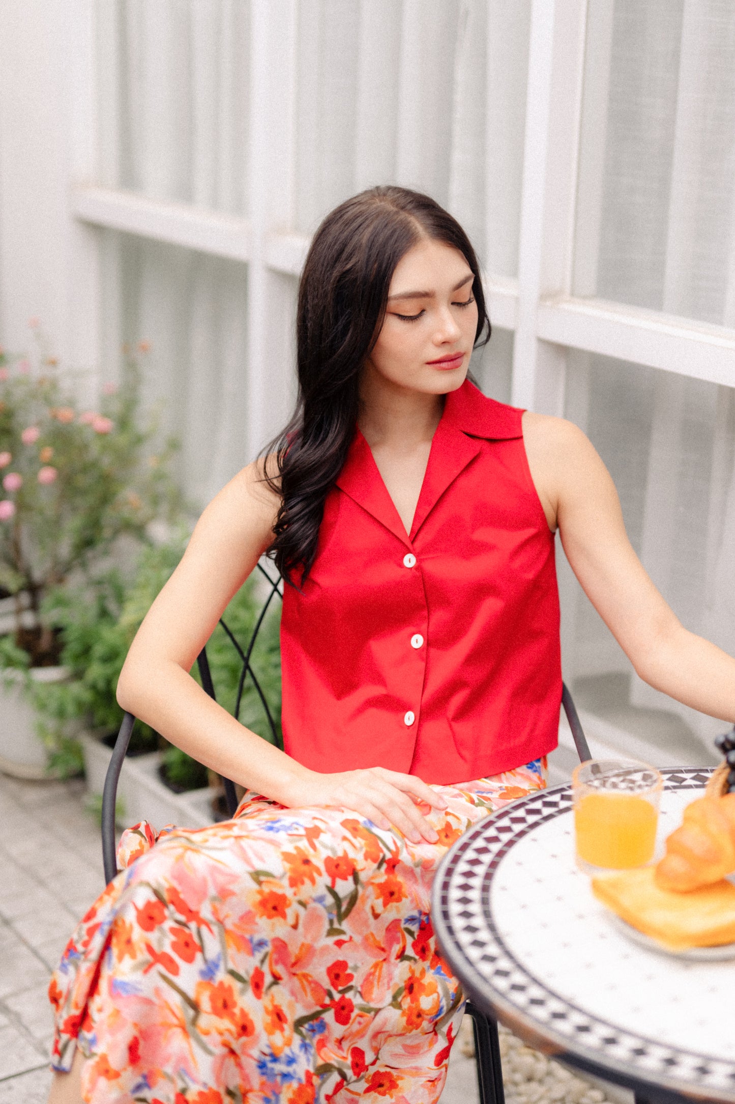 Camp Collar Button Down Blouse - Crimson