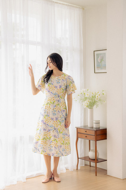 Flutter Sleeve Midi Flare Dress - Ivory Blossom