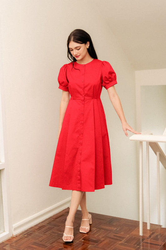 Puff Sleeved Button Down Dress - Crimson