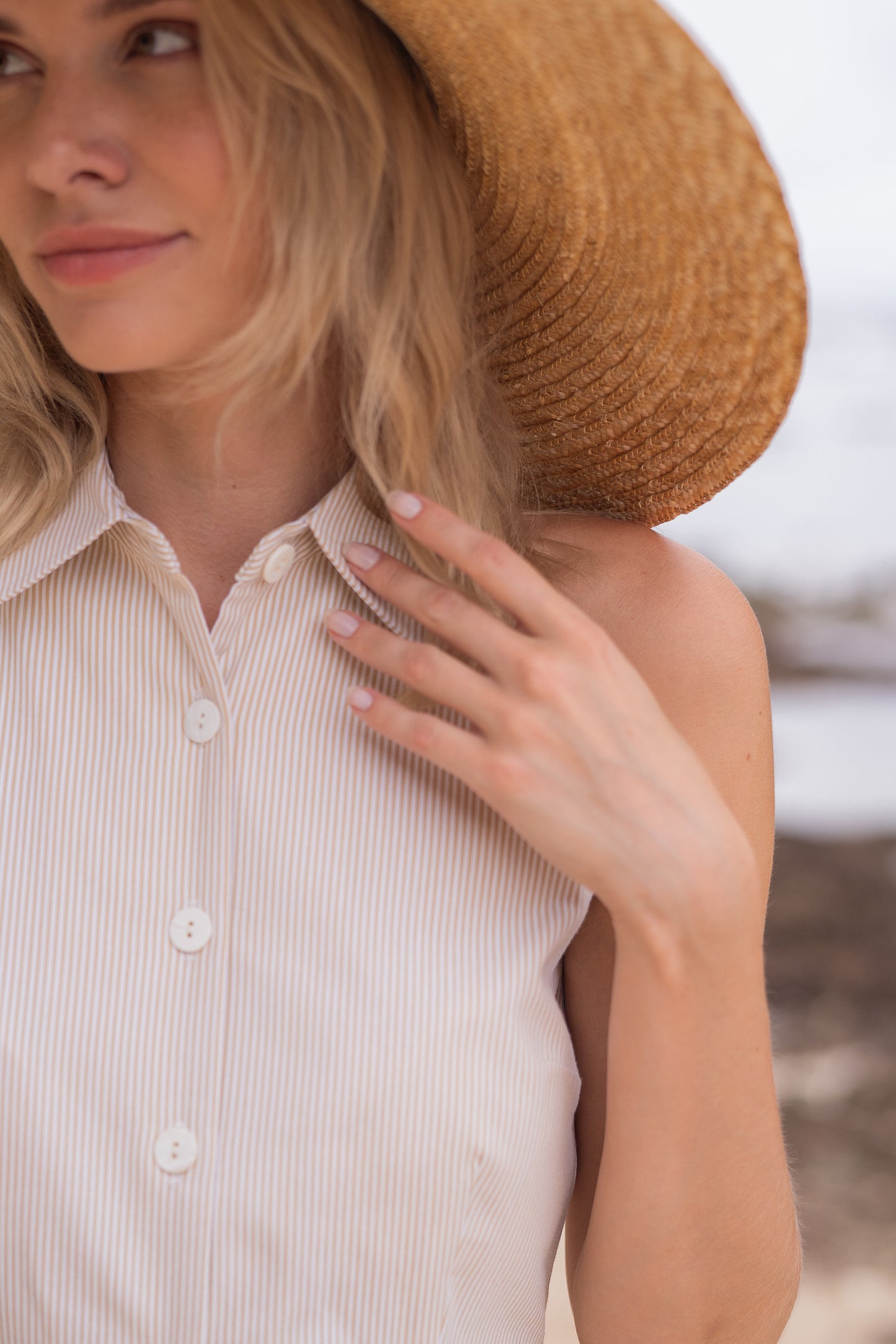 Striped Collared Romper - Sand