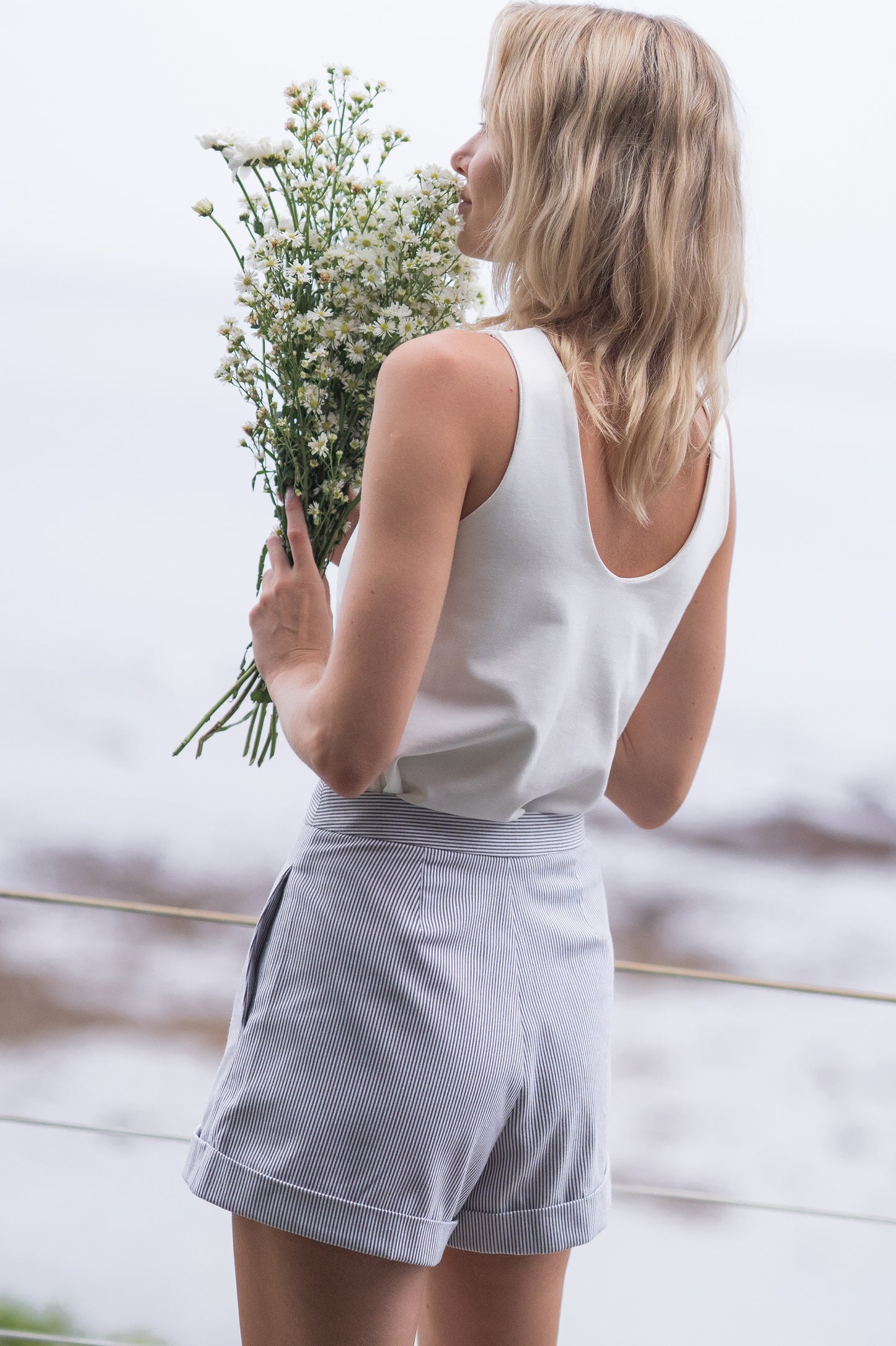 Striped Cuffed Hem Shorts - Stone