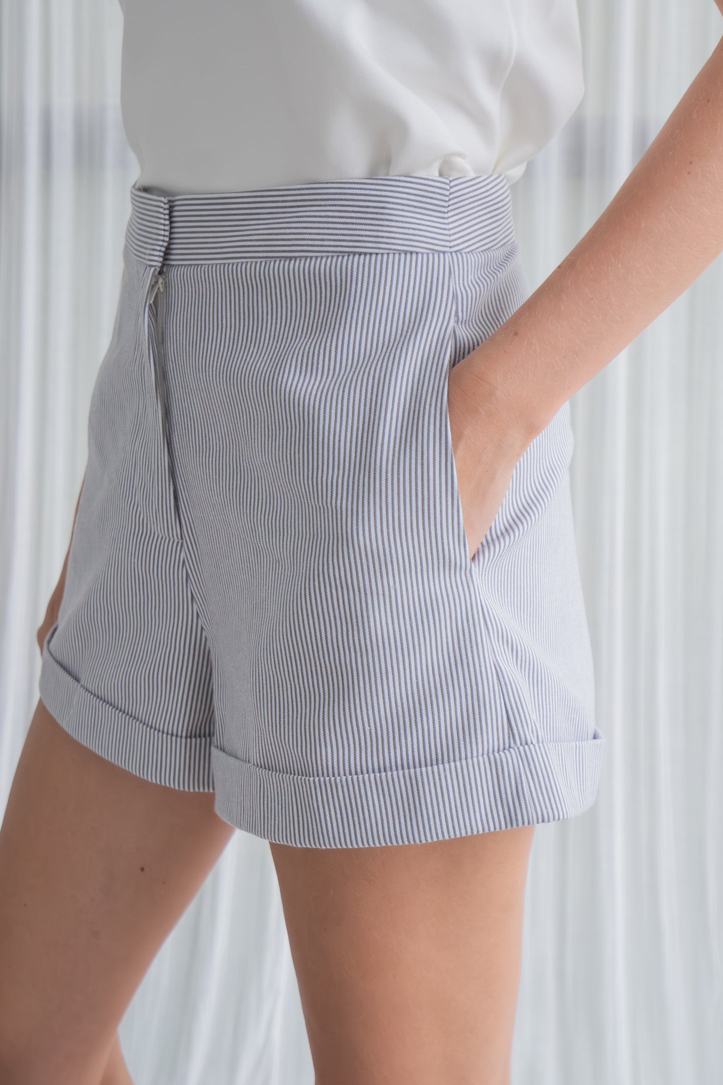 Striped Cuffed Hem Shorts - Stone