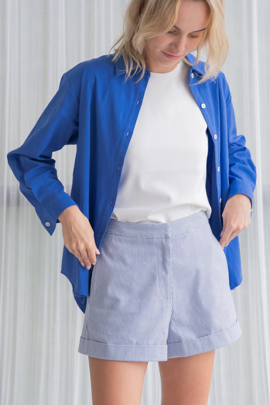 Crinkled Cotton Shirt - Royal Blue