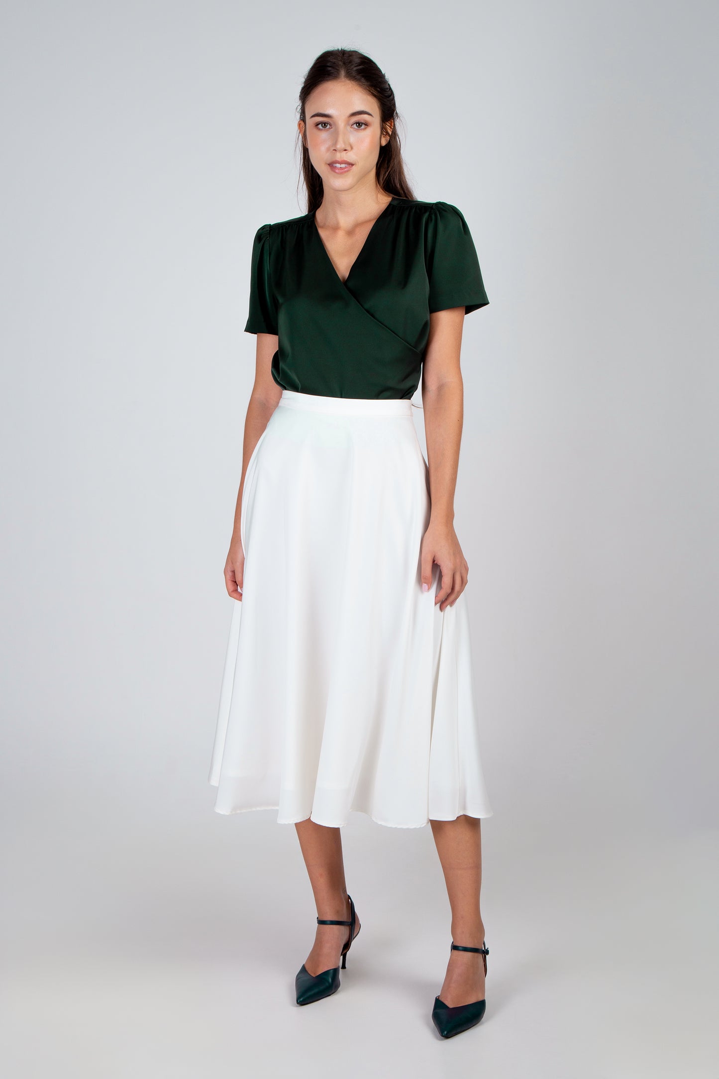 Satin Round Midi Skirt - White