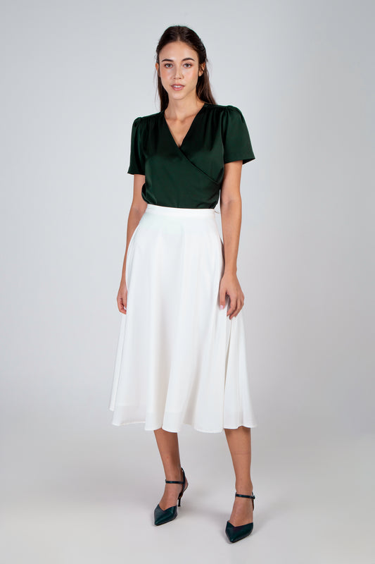Satin Round Midi Skirt - White