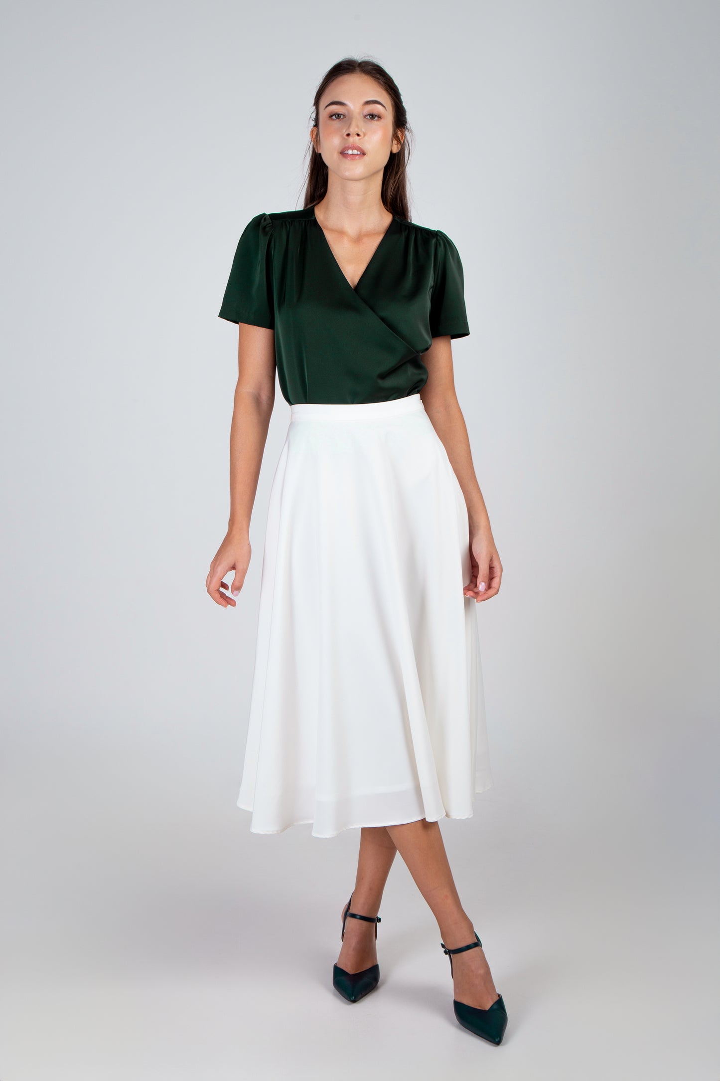 Satin Round Midi Skirt - White