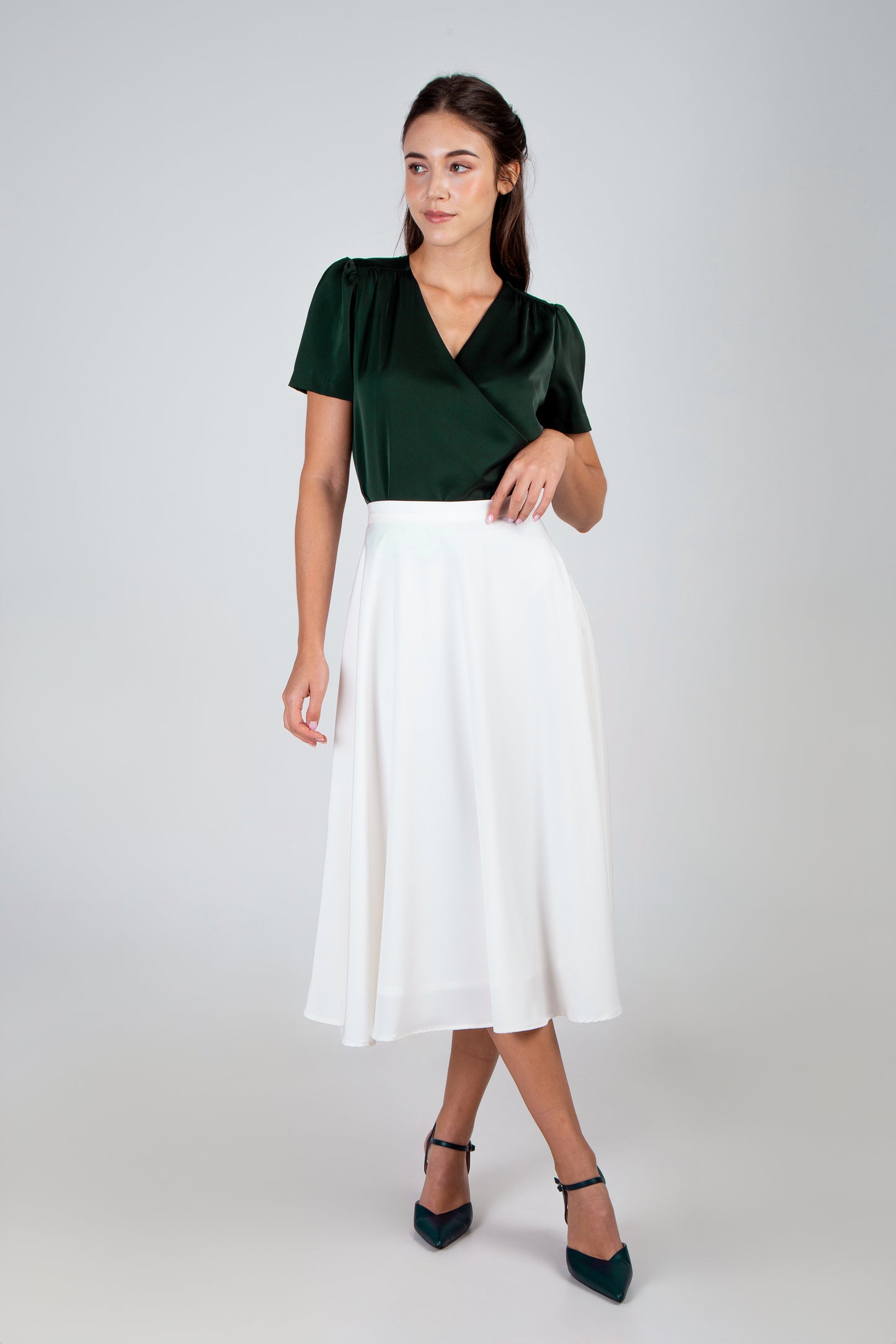 Satin Round Midi Skirt - White