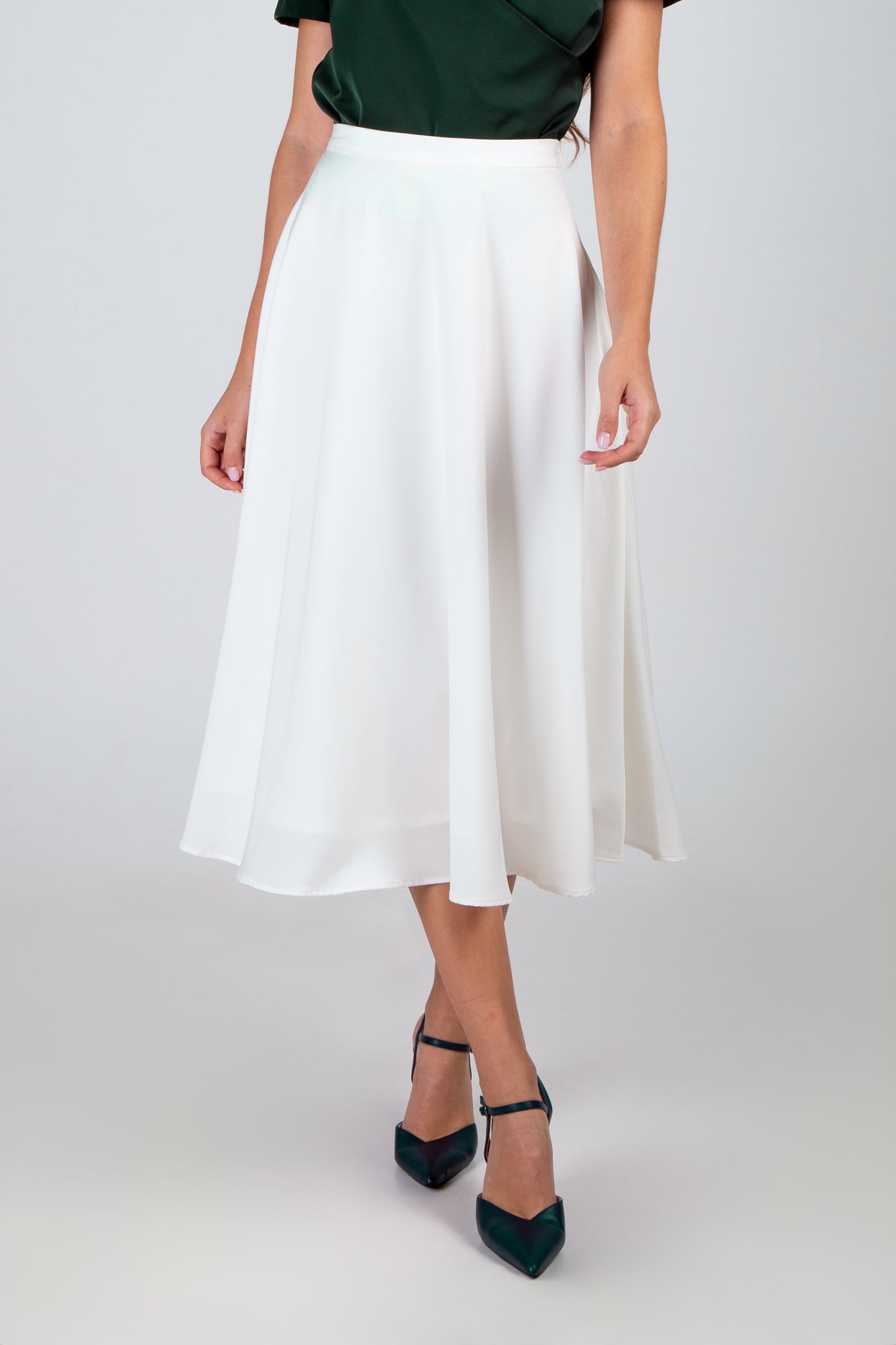 Satin Round Midi Skirt - White