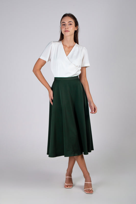 Satin Round Midi Skirt - Forest