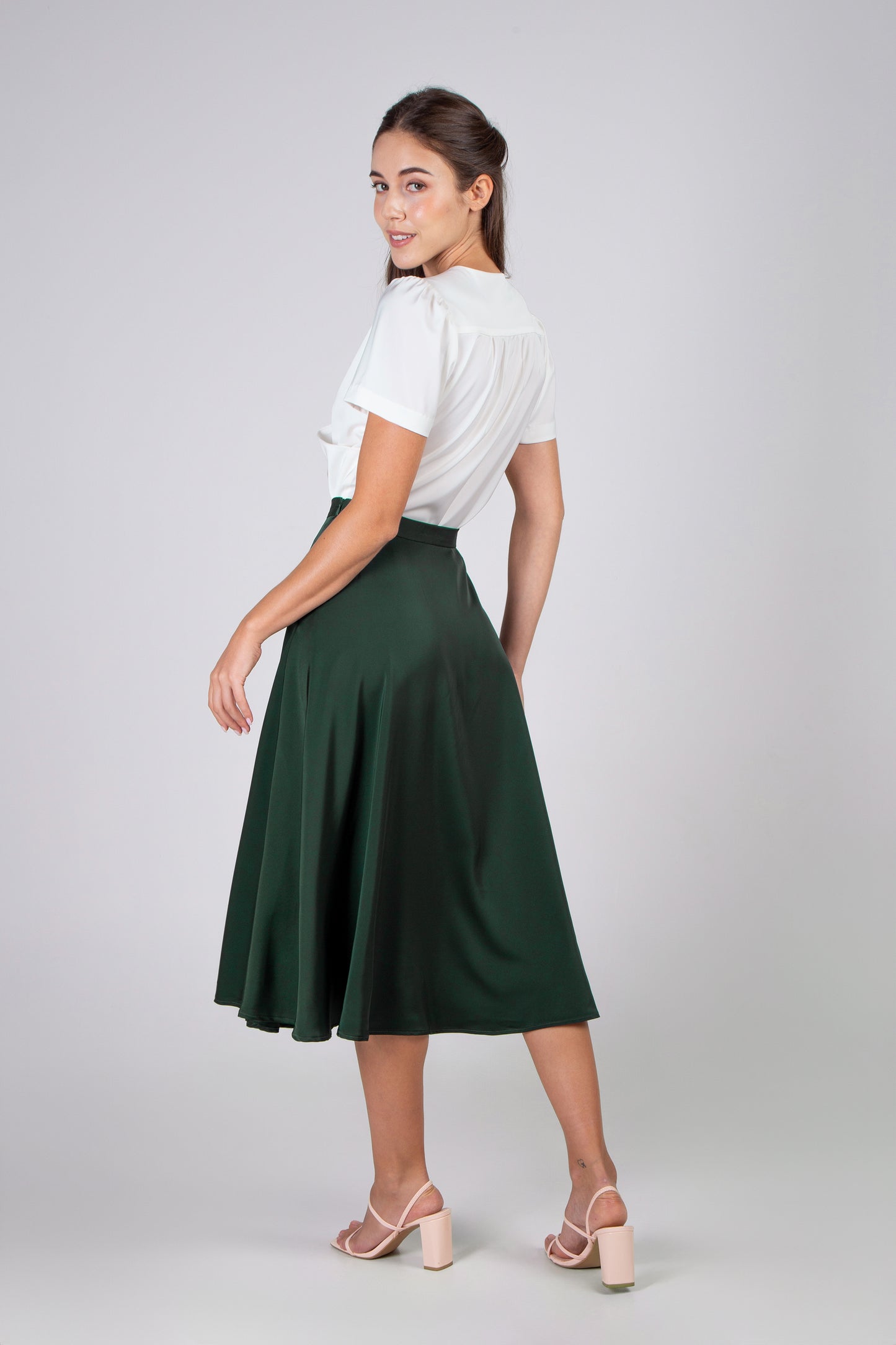 Satin Round Midi Skirt - Forest