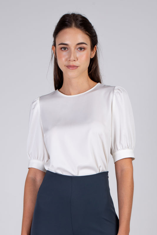 Satin Mid Sleeve Blouse - White