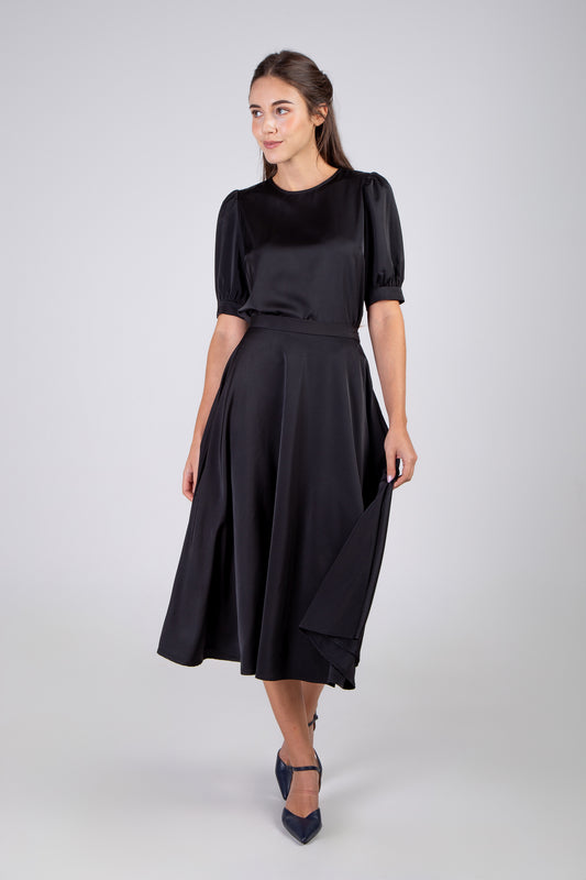 Satin Round Midi Skirt - Black