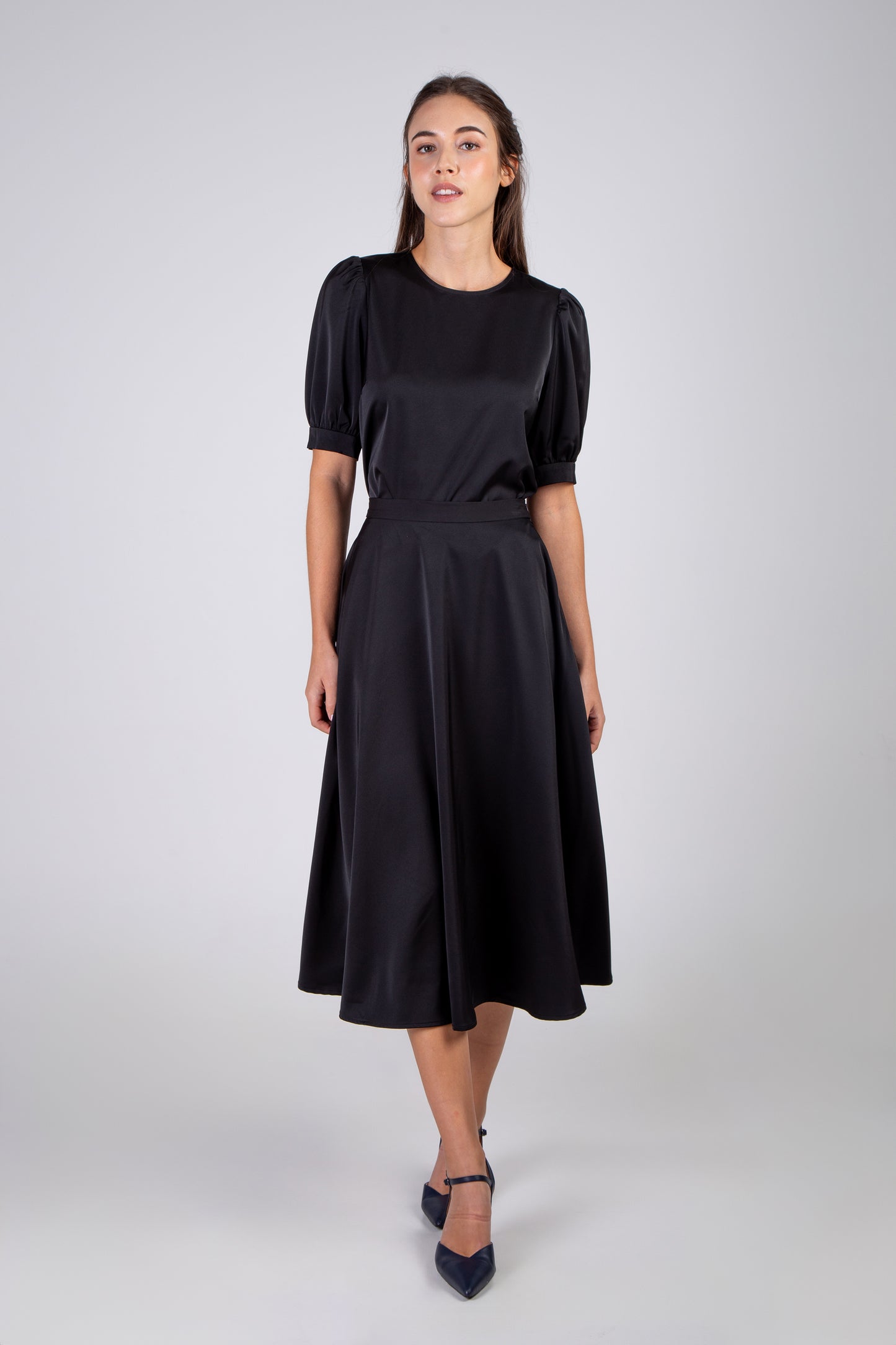 Satin Round Midi Skirt - Black
