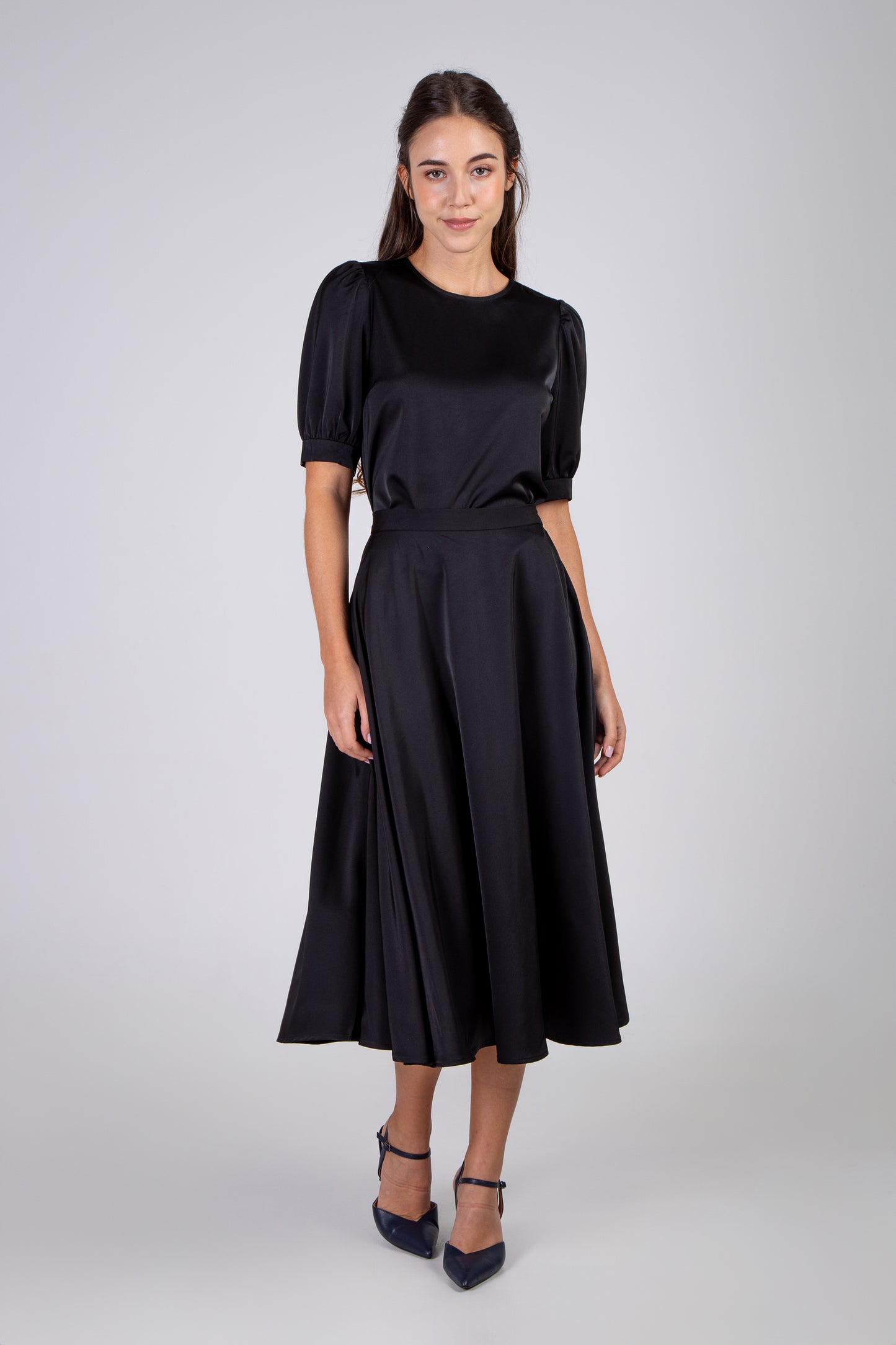 Satin Round Midi Skirt - Black