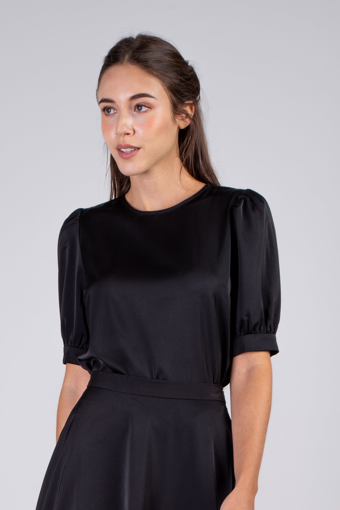 Satin Mid Sleeve Blouse - Black