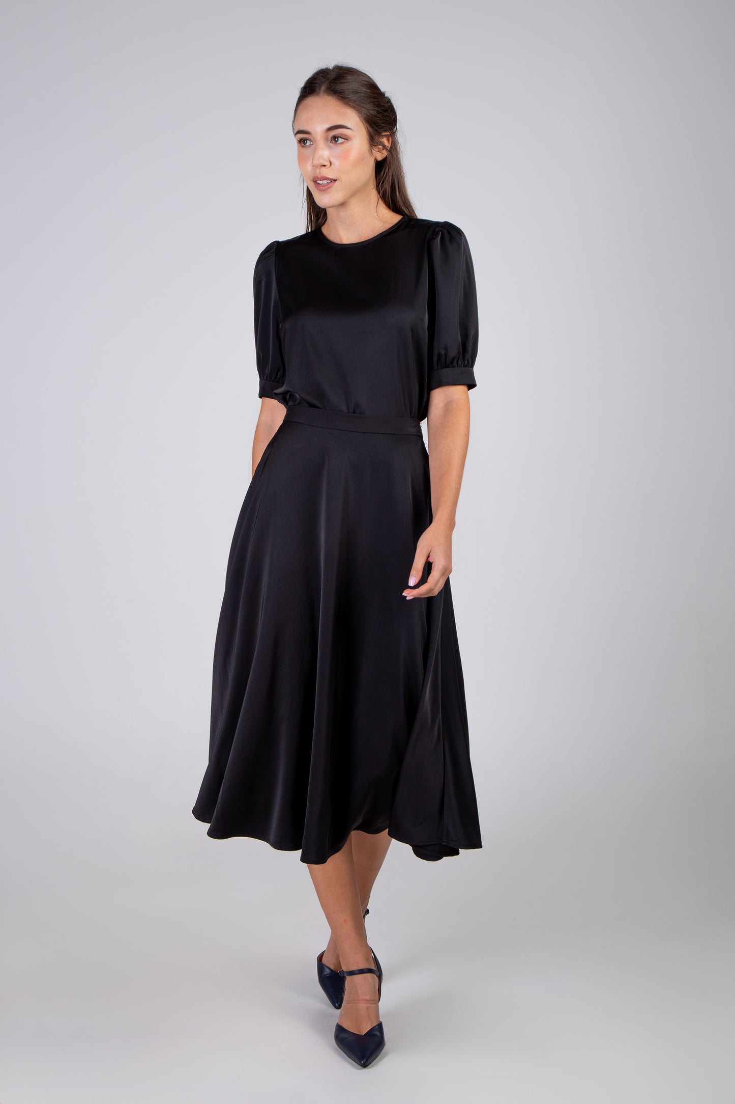 Satin Round Midi Skirt - Black