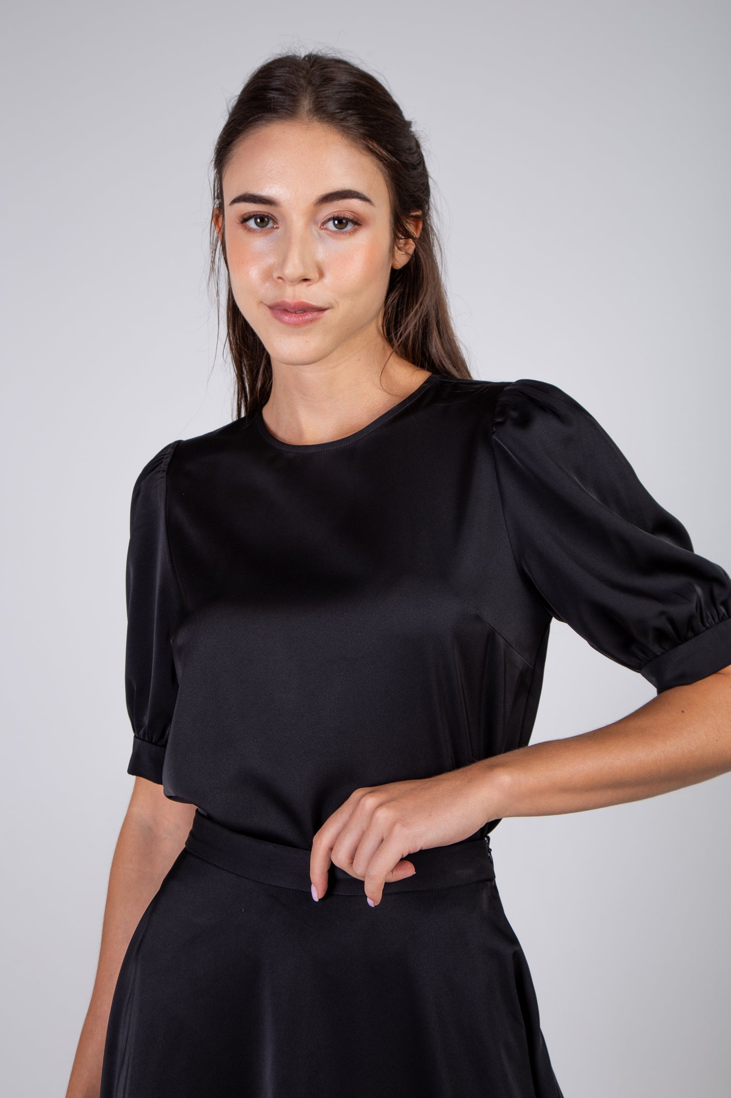Satin Mid Sleeve Blouse - Black
