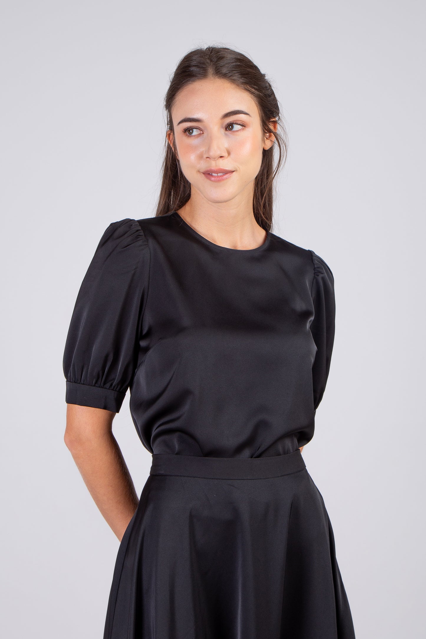 Satin Mid Sleeve Blouse - Black