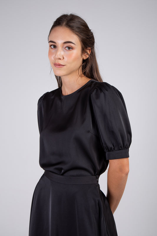 Satin Mid Sleeve Blouse - Black
