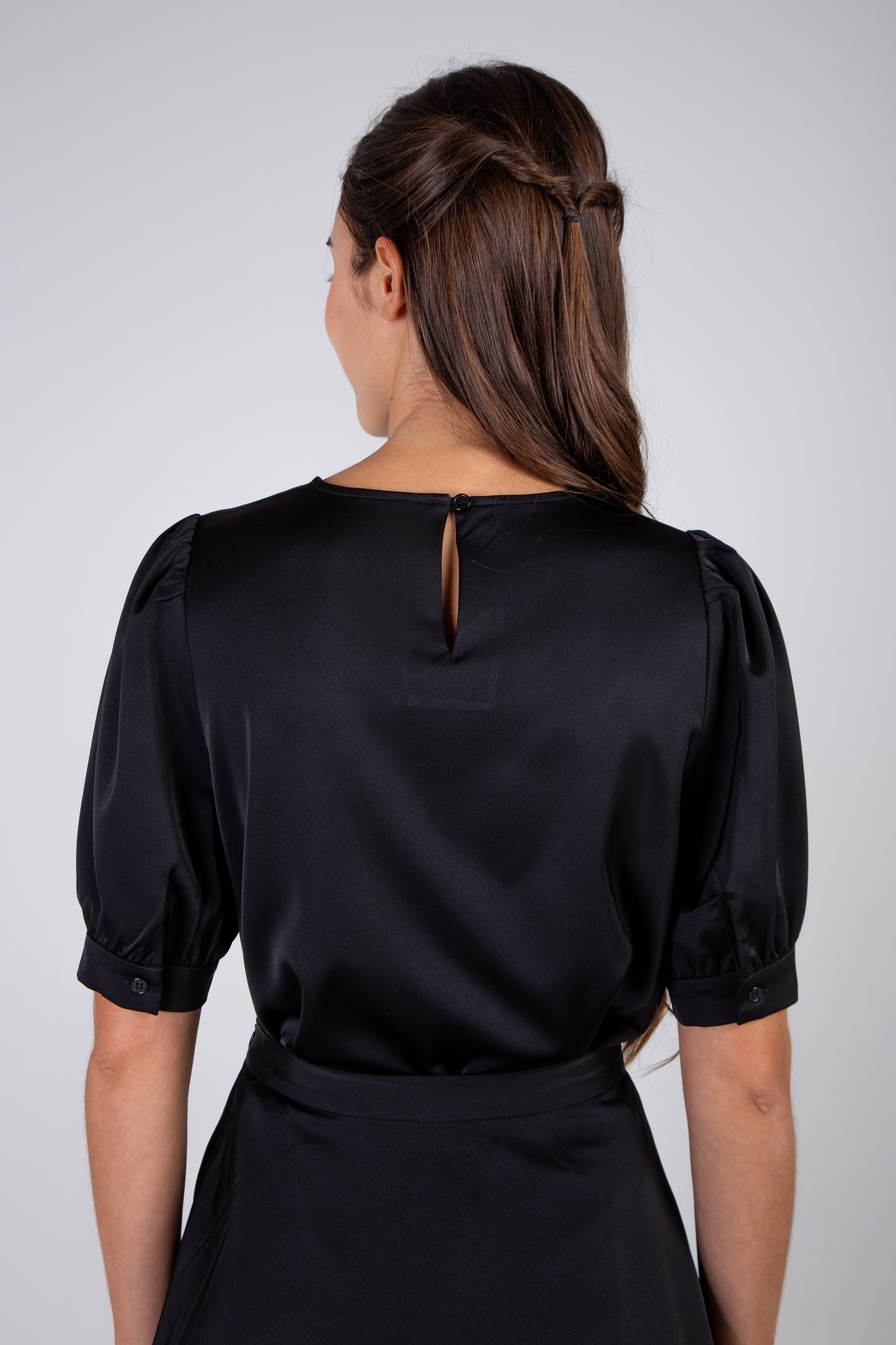 Satin Mid Sleeve Blouse - Black