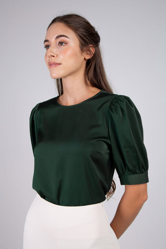 Satin Mid Sleeve Blouse - Forest