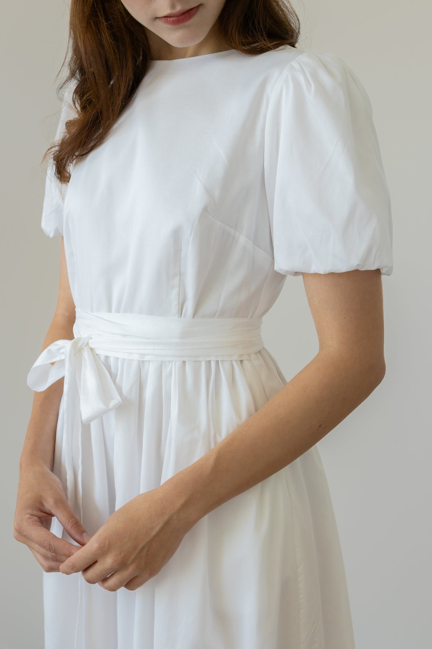 Relaxed Midi Dress with Wrap Sash - White