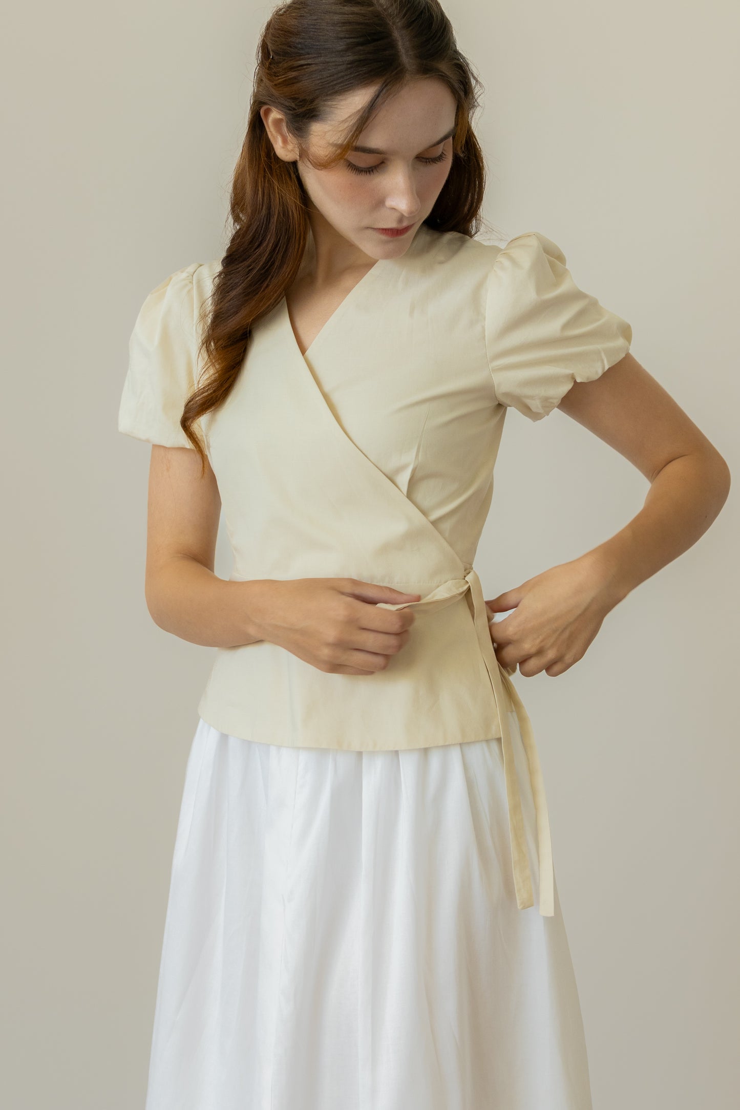 Bubble Sleeve Wrap Blouse - Natural