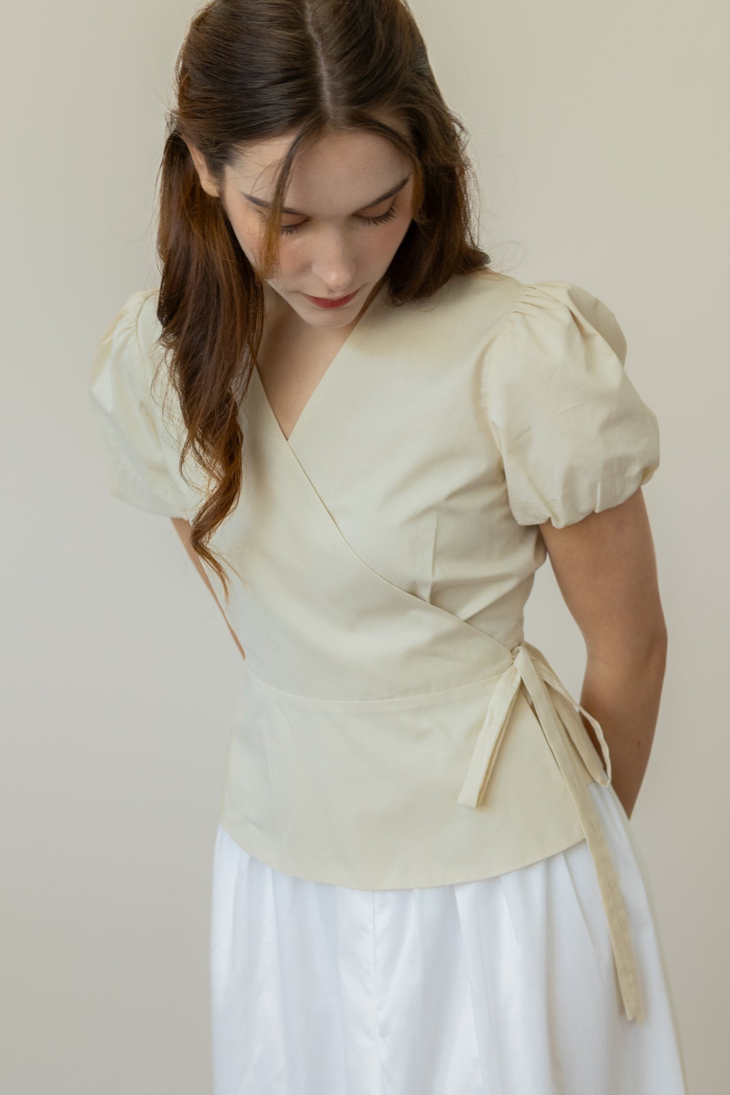 Bubble Sleeve Wrap Blouse - Natural