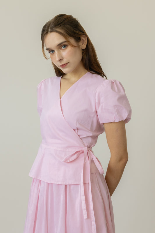 Bubble Sleeve Wrap Blouse - Petal Pink