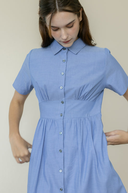 Classic Shirt Dress with Bust Detail - Blue Chambray