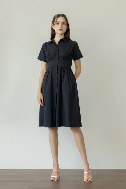 Classic Shirt Dress with Bust Detail - Black